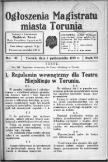 Ogłoszenia Magistratu Miasta Torunia 1929, R. 6, nr 45