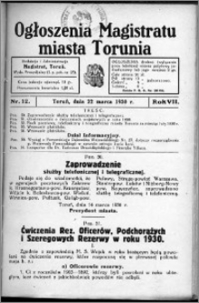 Ogłoszenia Magistratu Miasta Torunia 1930, R. 7, nr 12