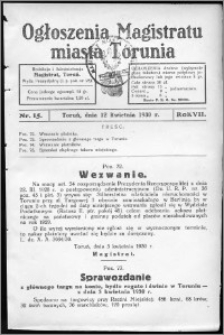 Ogłoszenia Magistratu Miasta Torunia 1930, R. 7, nr 15