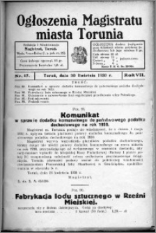 Ogłoszenia Magistratu Miasta Torunia 1930, R. 7, nr 17