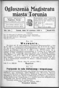 Ogłoszenia Magistratu Miasta Torunia 1930, R. 7, nr 22