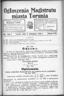 Ogłoszenia Magistratu Miasta Torunia 1930, R. 7, nr 43