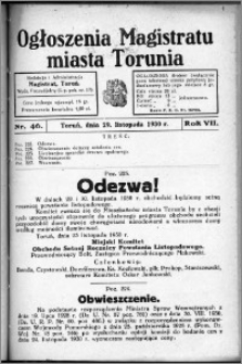 Ogłoszenia Magistratu Miasta Torunia 1930, R. 7, nr 46