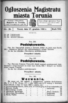 Ogłoszenia Magistratu Miasta Torunia 1930, R. 7, nr 51