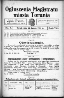 Ogłoszenia Magistratu Miasta Torunia 1931, R. 8, nr 7