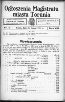 Ogłoszenia Magistratu Miasta Torunia 1931, R. 8, nr 8