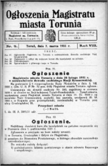 Ogłoszenia Magistratu Miasta Torunia 1931, R. 8, nr 9