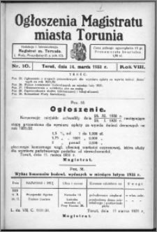 Ogłoszenia Magistratu Miasta Torunia 1931, R. 8, nr 10