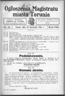 Ogłoszenia Magistratu Miasta Torunia 1931, R. 8, nr 13