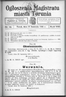 Ogłoszenia Magistratu Miasta Torunia 1931, R. 8, nr 14