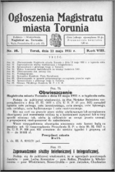 Ogłoszenia Magistratu Miasta Torunia 1931, R. 8, nr 16