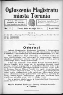 Ogłoszenia Magistratu Miasta Torunia 1931, R. 8, nr 17