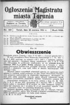 Ogłoszenia Magistratu Miasta Torunia 1931, R. 8, nr 20