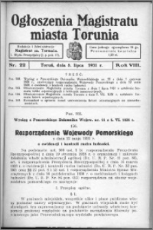 Ogłoszenia Magistratu Miasta Torunia 1931, R. 8, nr 22
