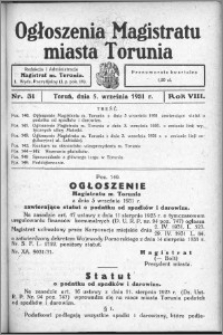 Ogłoszenia Magistratu Miasta Torunia 1931, R. 8, nr 31