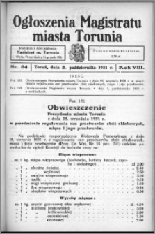 Ogłoszenia Magistratu Miasta Torunia 1931, R. 8, nr 34
