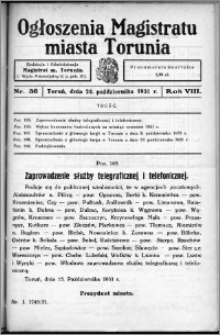 Ogłoszenia Magistratu Miasta Torunia 1931, R. 8, nr 36
