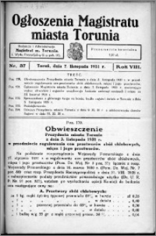 Ogłoszenia Magistratu Miasta Torunia 1931, R. 8, nr 37