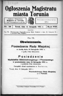 Ogłoszenia Magistratu Miasta Torunia 1931, R. 8, nr 38