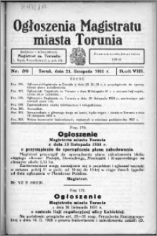Ogłoszenia Magistratu Miasta Torunia 1931, R. 8, nr 39