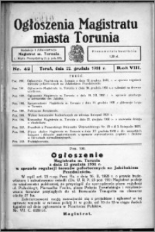 Ogłoszenia Magistratu Miasta Torunia 1931, R. 8, nr 42