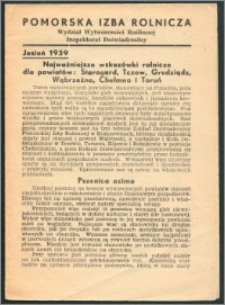 Najważniejsze wskazówki rolnicze dla powiatów Starogard, Tczew, Grudziądz, Wąbrzeźno, Chełmno i Toruń : jesień 1939 r.