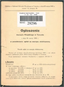Ogłoszenie Zarządu Miejskiego w Toruniu z dnia 24 marca 1939 r. w przedmiocie opłat za energię elektryczną